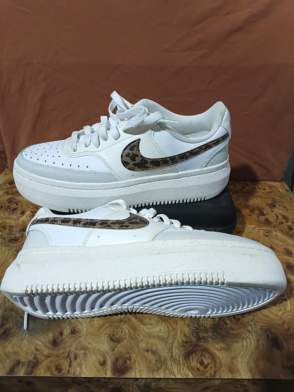 Nike White Platform Sneakers with Leopard Print Swoosh